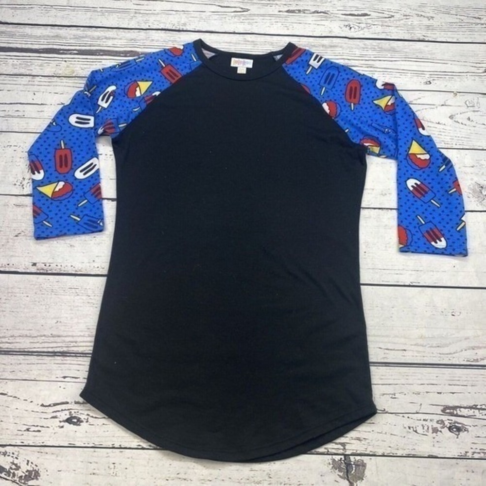 LuLaRoe Randy Raglan Tee Black Blue Popsicle Print Baseball Shirt Women's XXS